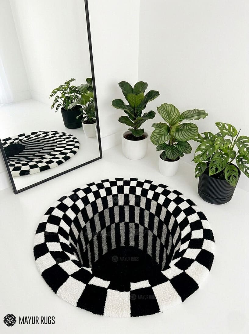 Handtufted black and white optical illusion vortex wool rug with checkerboard geometric design by Mayur Rugs