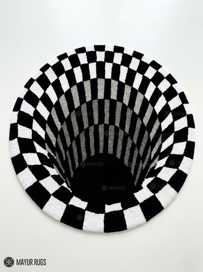 Handtufted black and white optical illusion vortex wool rug with checkerboard geometric design by Mayur Rugs