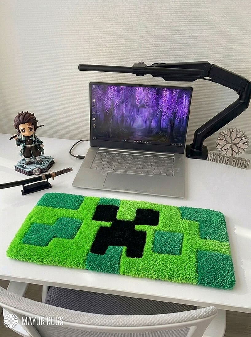 Minecraft Creeper inspired hand tufted keyboard rug featuring pixelated gaming artwork by Mayur Rugs