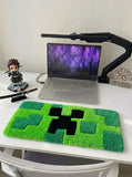Minecraft Creeper inspired hand tufted keyboard rug featuring pixelated gaming artwork by Mayur Rugs
