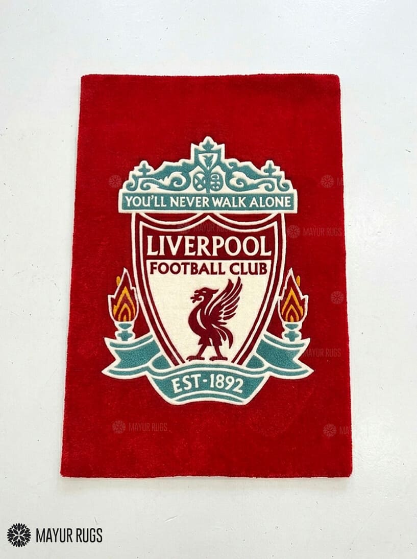 Liverpool Football Club inspired hand tufted wool rug featuring football fan artwork by Mayur Rugs