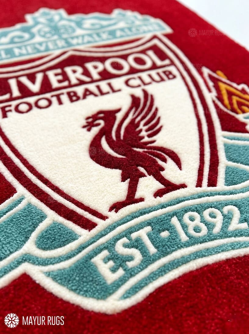 Liverpool Football Club inspired hand tufted wool rug featuring football fan artwork by Mayur Rugs