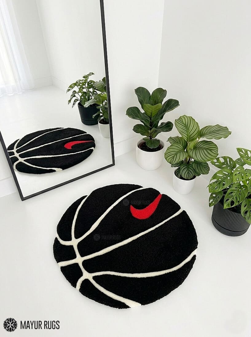 Black Basketball area hand tufted wool rug featuring sports-themed design by Mayur Rugs