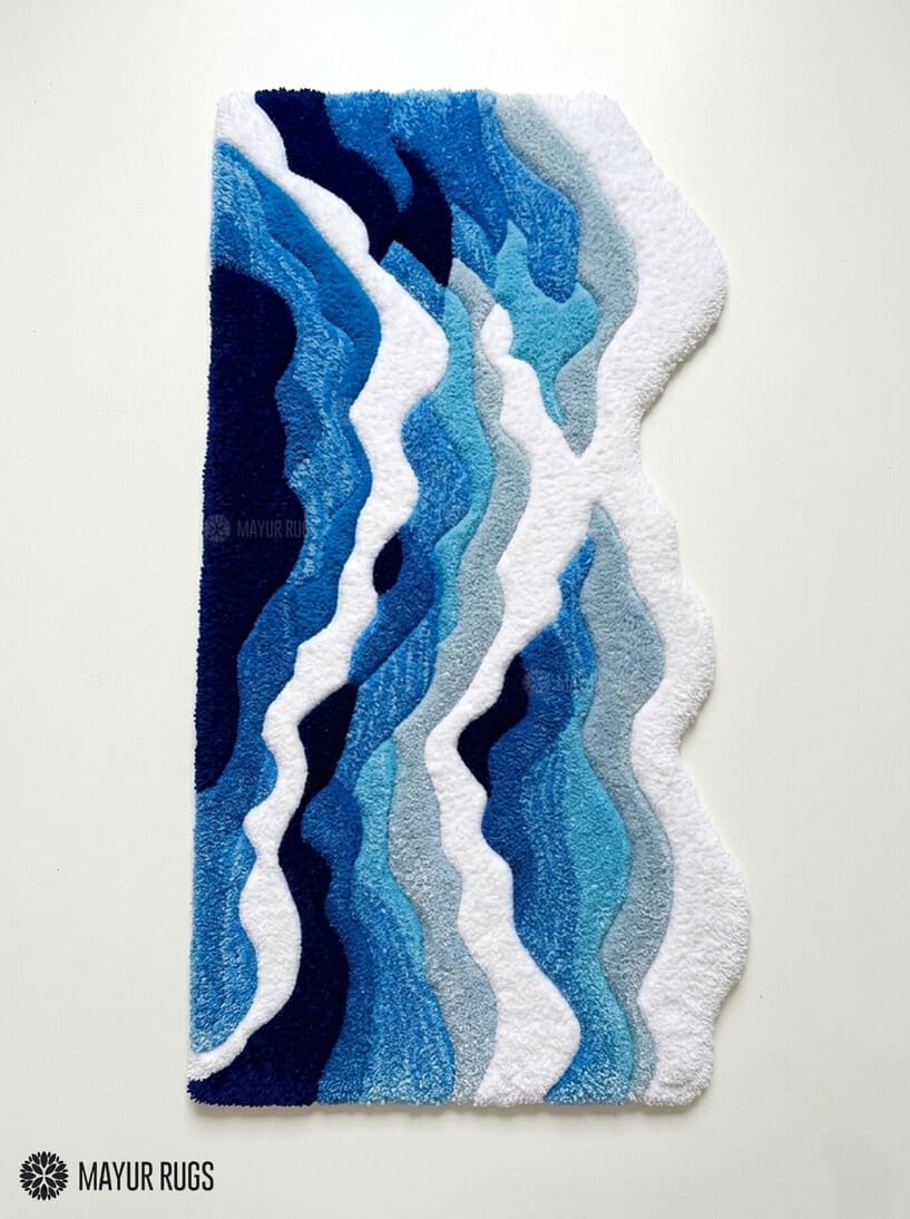 Ocean Wave 3D fluffy hand-tufted wool rug featuring abstract coastal wave artwork with sculpted cut-and-loop texture by Mayur Rugs.