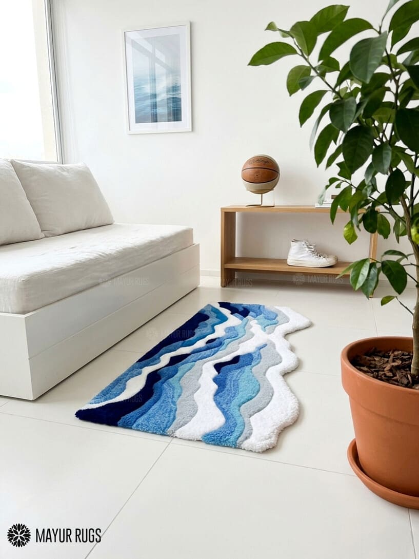 Ocean Wave 3D fluffy hand-tufted wool rug featuring abstract coastal wave artwork with sculpted cut-and-loop texture by Mayur Rugs.