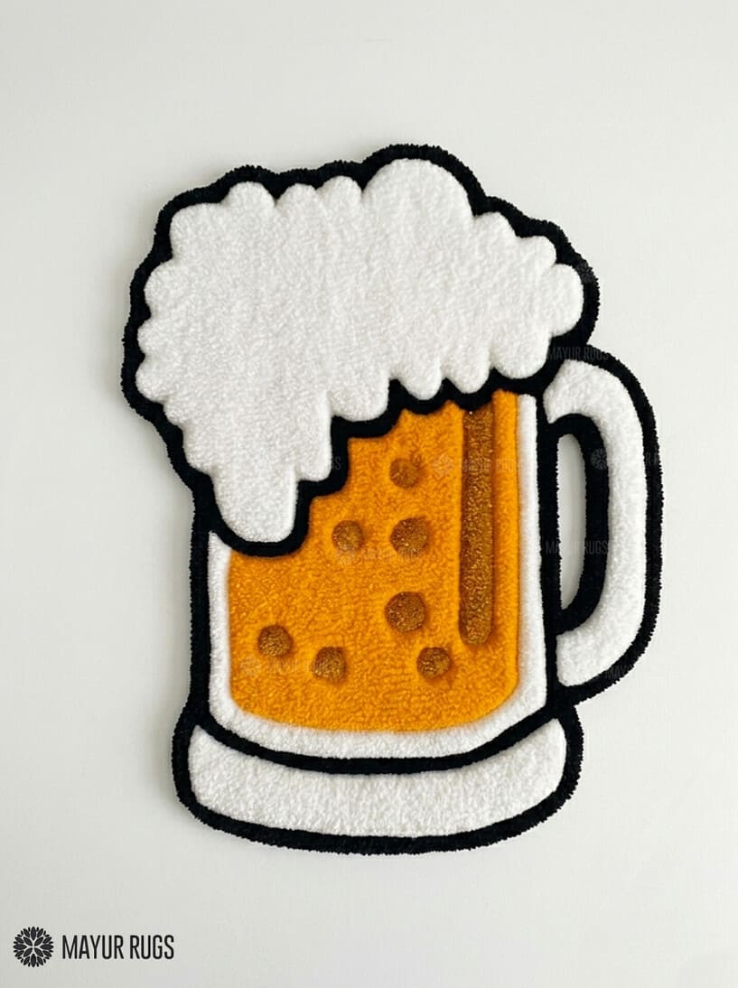 Beer mug hand tufted wool rug featuring frothy beer glass artwork by Mayur Rugs
