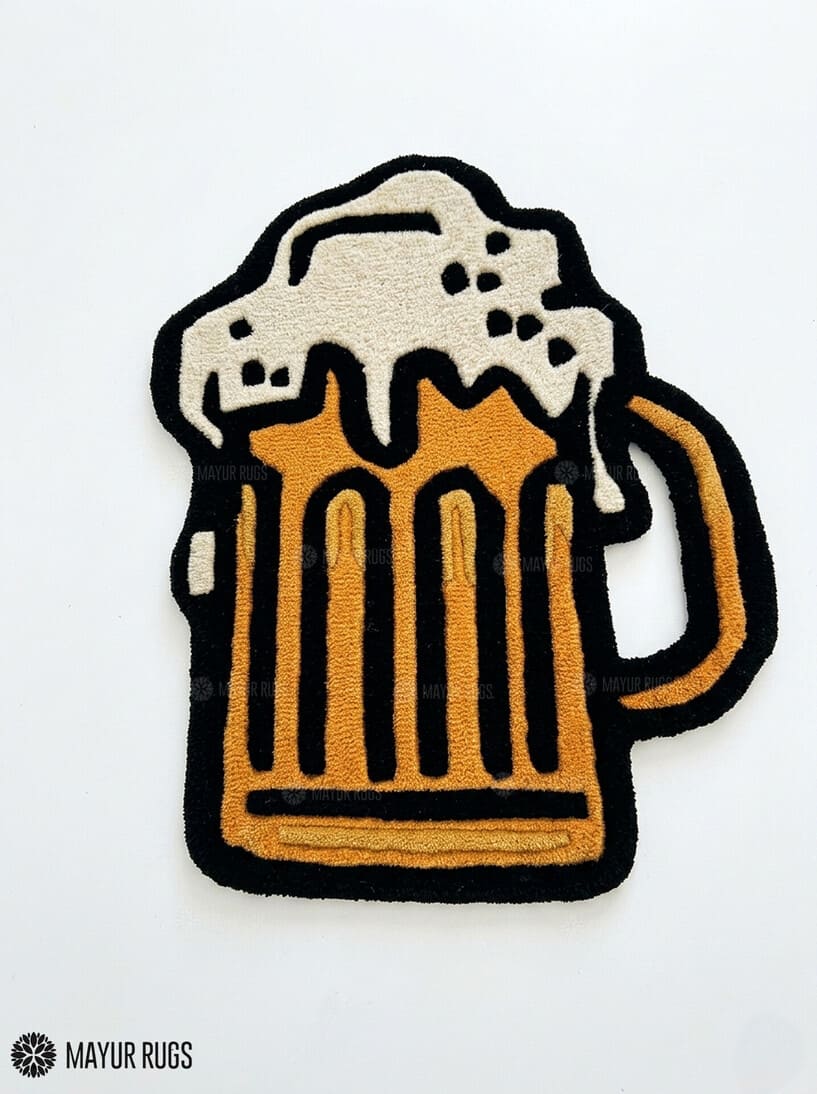 Beer stein hand tufted wool rug featuring overflowing foam and pub inspired artwork by Mayur Rugs