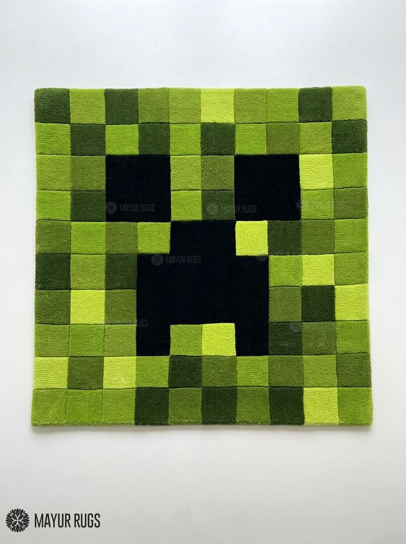Minecraft Creeper inspired hand tufted wool area rug featuring pixelated gaming artwork by Mayur Rugs