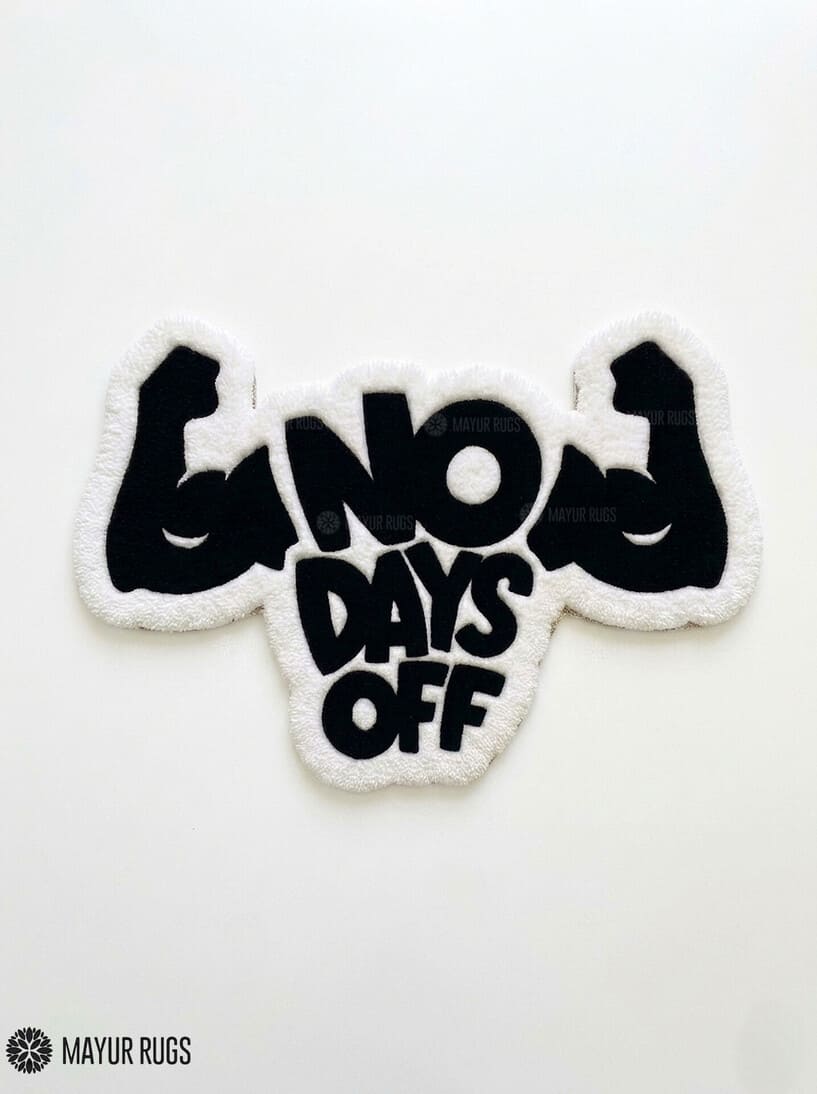 No Days Off hand tufted wool rug featuring motivational gym typography and flexing arm artwork by Mayur Rugs
