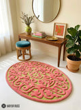 Pink floral medallion loop and cut wool rug featuring ornamental botanical pattern by Mayur Rugs