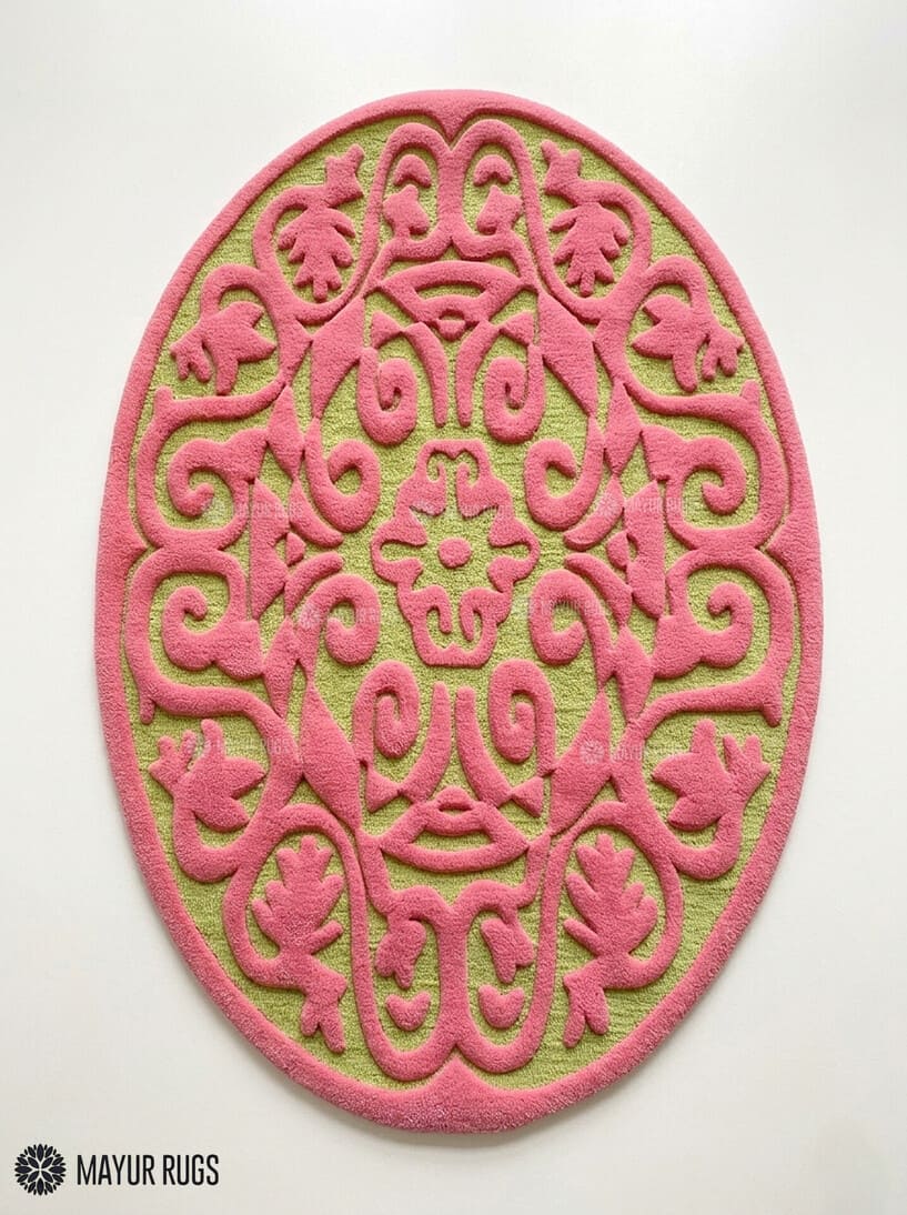 Pink floral medallion loop and cut wool rug featuring ornamental botanical pattern by Mayur Rugs