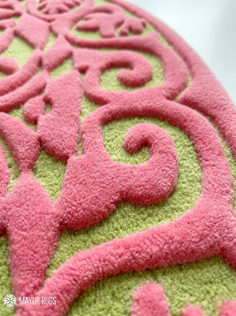 Pink floral medallion loop and cut wool rug featuring ornamental botanical pattern by Mayur Rugs