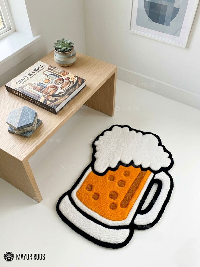 Beer mug hand tufted wool rug featuring frothy beer glass artwork by Mayur Rugs