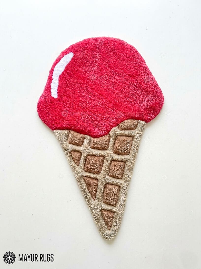 Pink ice cream cone hand tufted wool rug featuring cute dessert artwork by Mayur Rugs