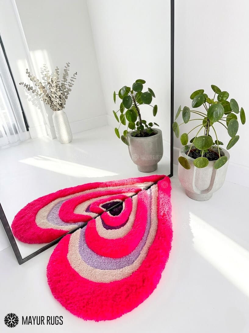 Pink half heart loop and cut hand tufted 3D wool rug featuring layered heart pattern artwork by Mayur Rugs