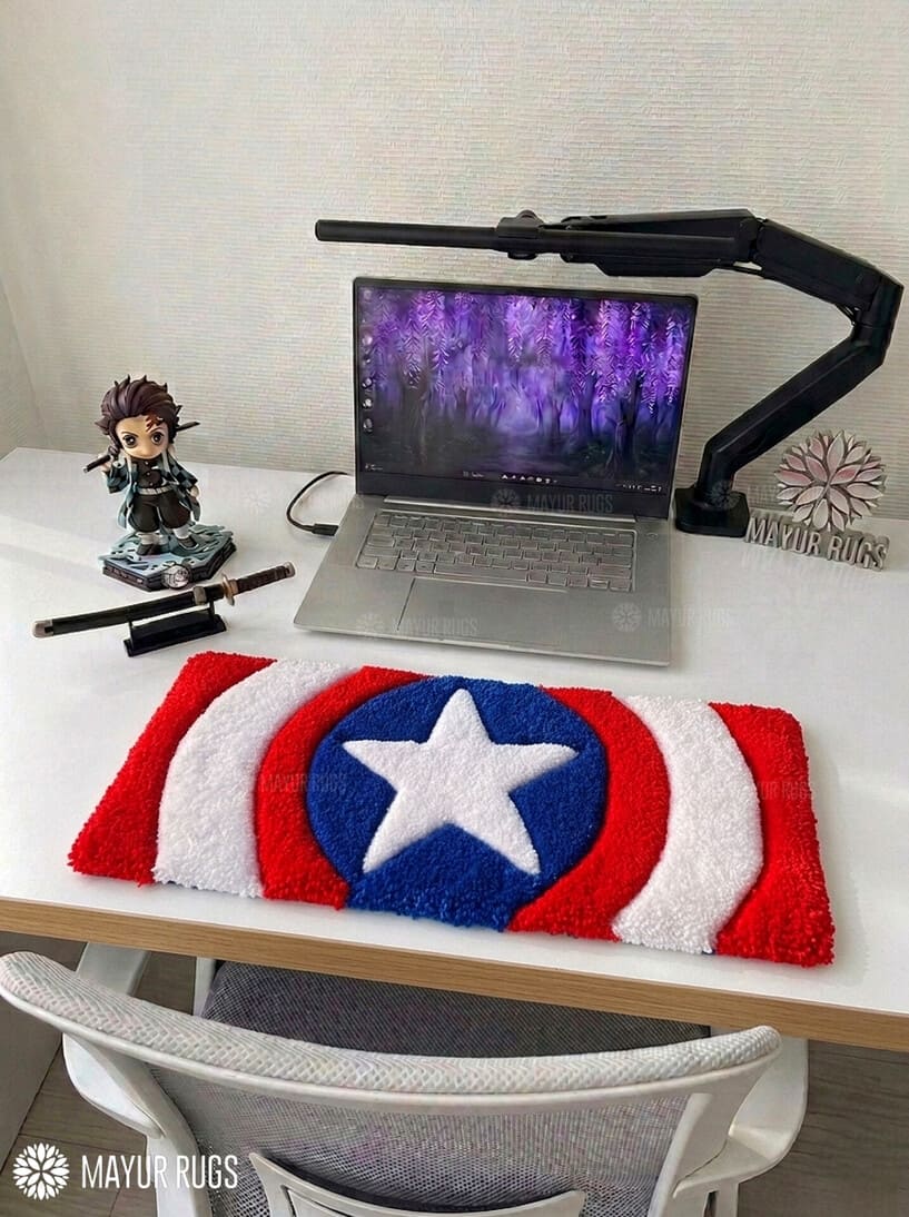 Captain Shield hand tufted superhero keyboard desk rug in red white and blue by Mayur Rugs