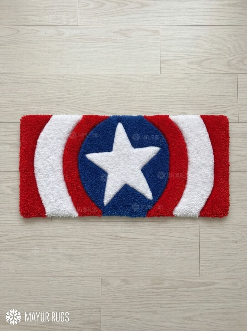 Captain Shield hand tufted superhero keyboard desk rug in red white and blue by Mayur Rugs
