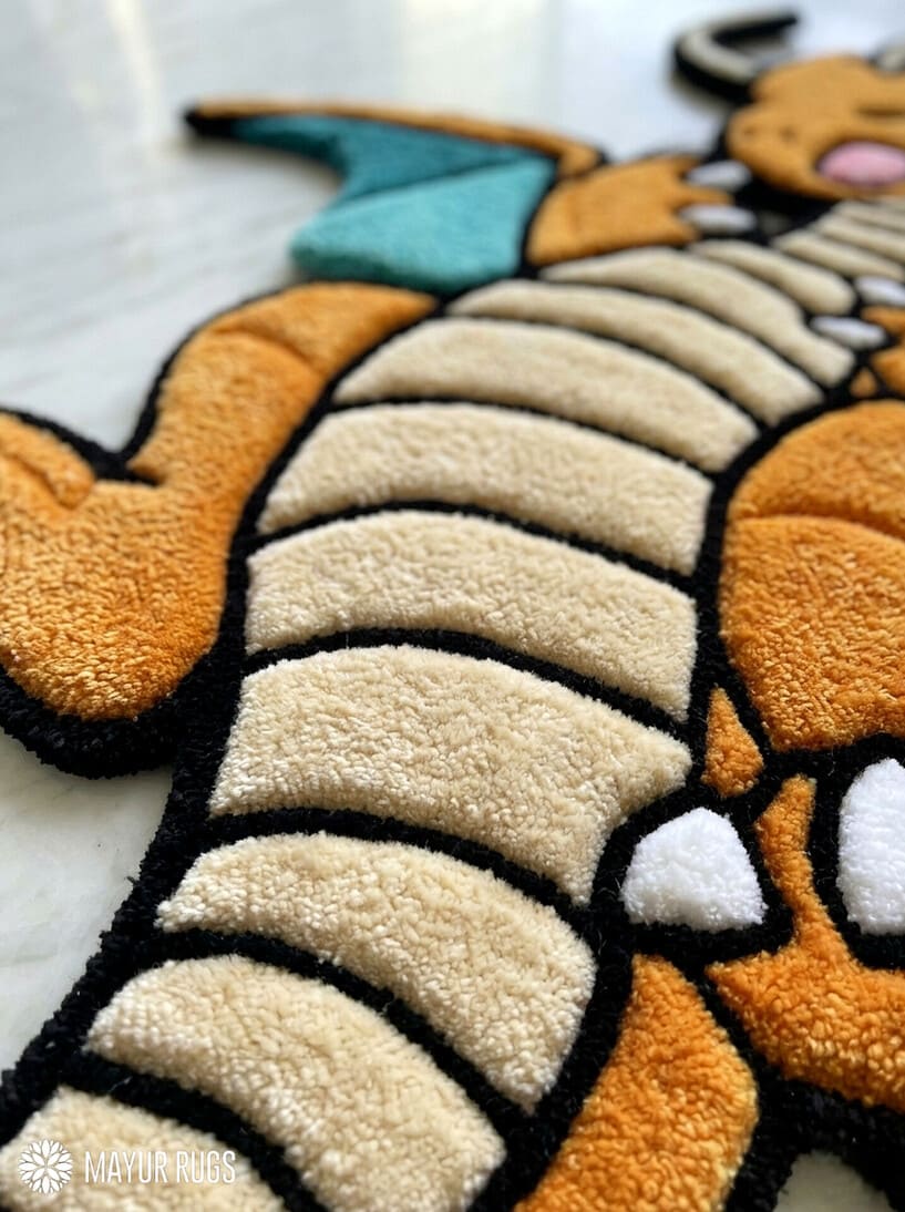 Pokemon Dragonite inspired hand tufted area rug with orange dragon character design handmade by Mayur Rugs