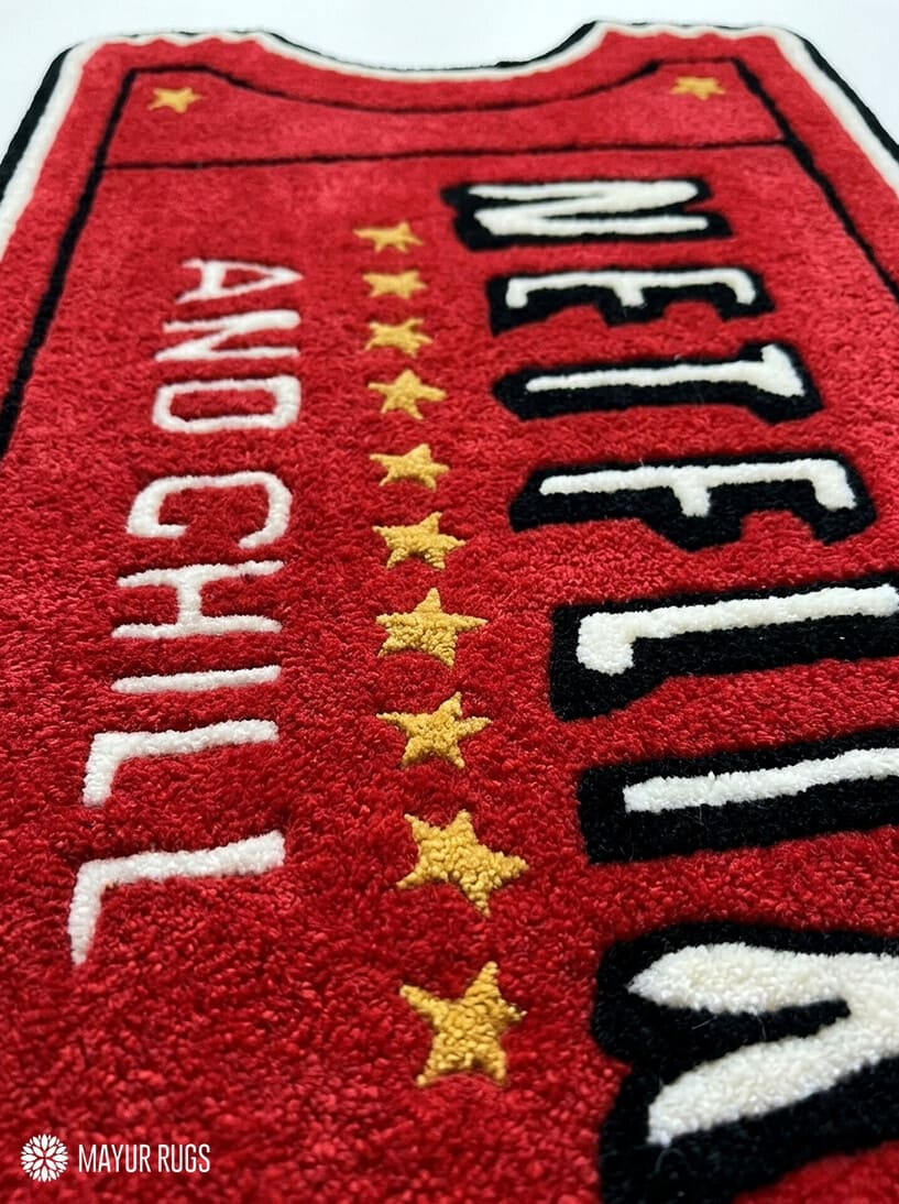 Netflix and Chill inspired hand tufted wool rug featuring movie ticket artwork by Mayur Rugs