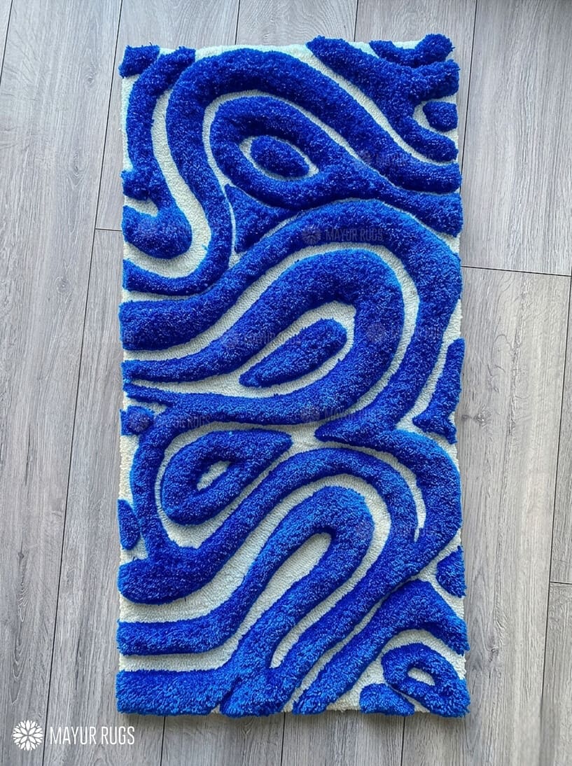 Blue abstract 3D cut and loop hand tufted wool runner rug featuring sculpted high-low organic pattern by Mayur Rugs.