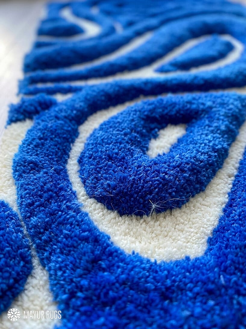 Blue abstract 3D cut and loop hand tufted wool runner rug featuring sculpted high-low organic pattern by Mayur Rugs.