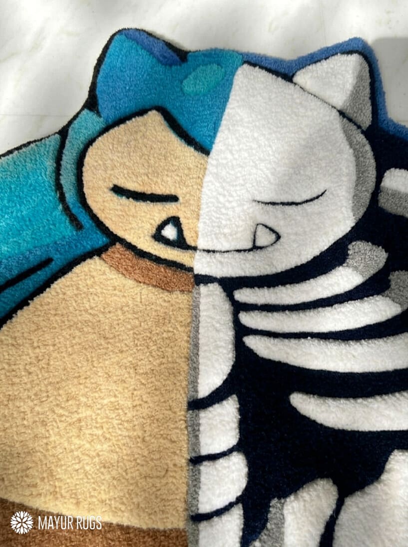 Snorlax skeleton inspired hand tufted 3D area rug featuring split character and skeleton artwork by Mayur Rugs