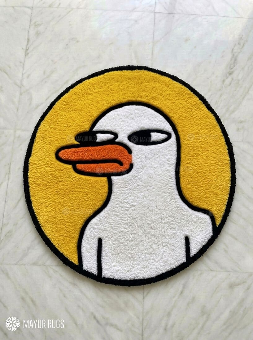 Smug duck meme hand tufted wool rug featuring the viral side-eye duck illustration by Mayur Rugs.