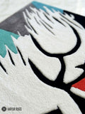 KAWS Racing Companion hand tufted wool rug featuring XX-eyed skull artwork leaning from a sports car by Mayur Rugs.