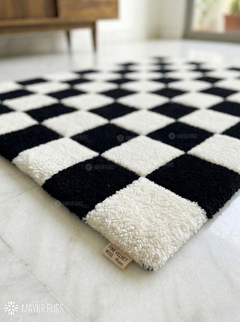Black and white checkerboard hand tufted wool area rug featuring a classic geometric checkered pattern by Mayur Rugs.