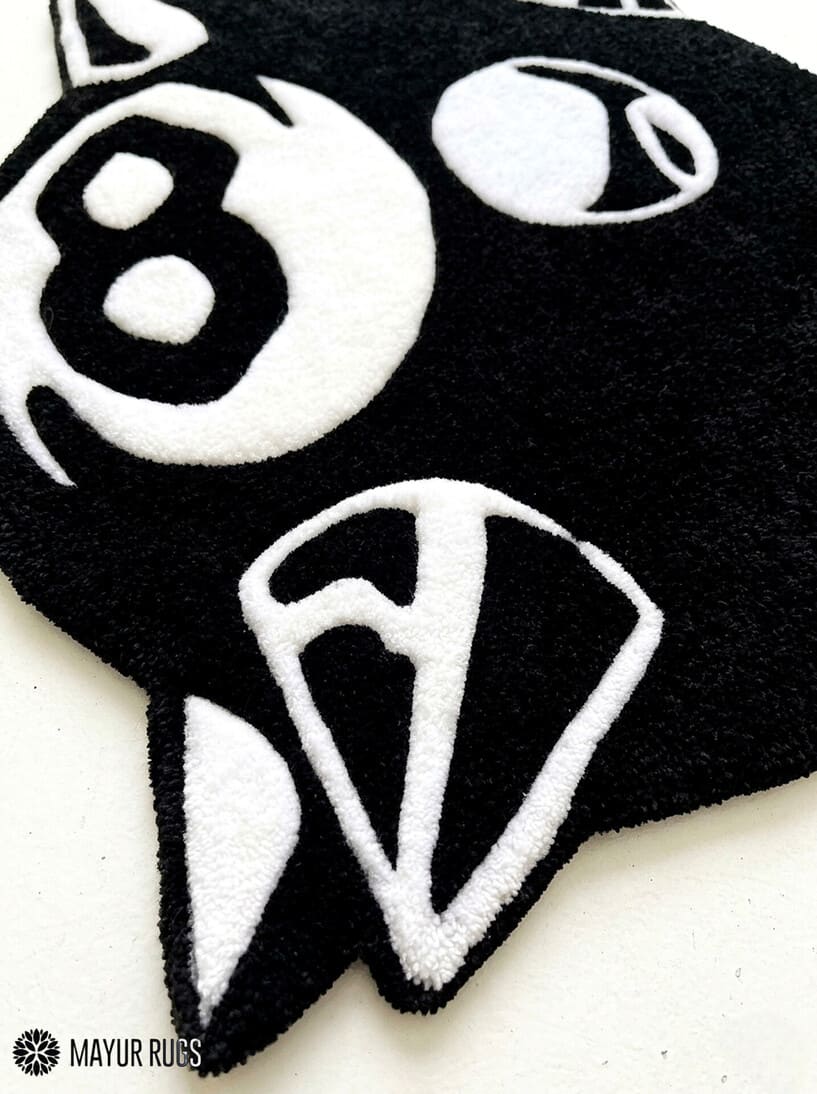 Evil 8 Ball Spiky Custom hand tufted wool rug featuring gothic cartoon character artwork by Mayur Rugs.