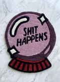 Shit Happens custom hand-tufted wool rug featuring a funny crystal ball quote design by Mayur Rugs.