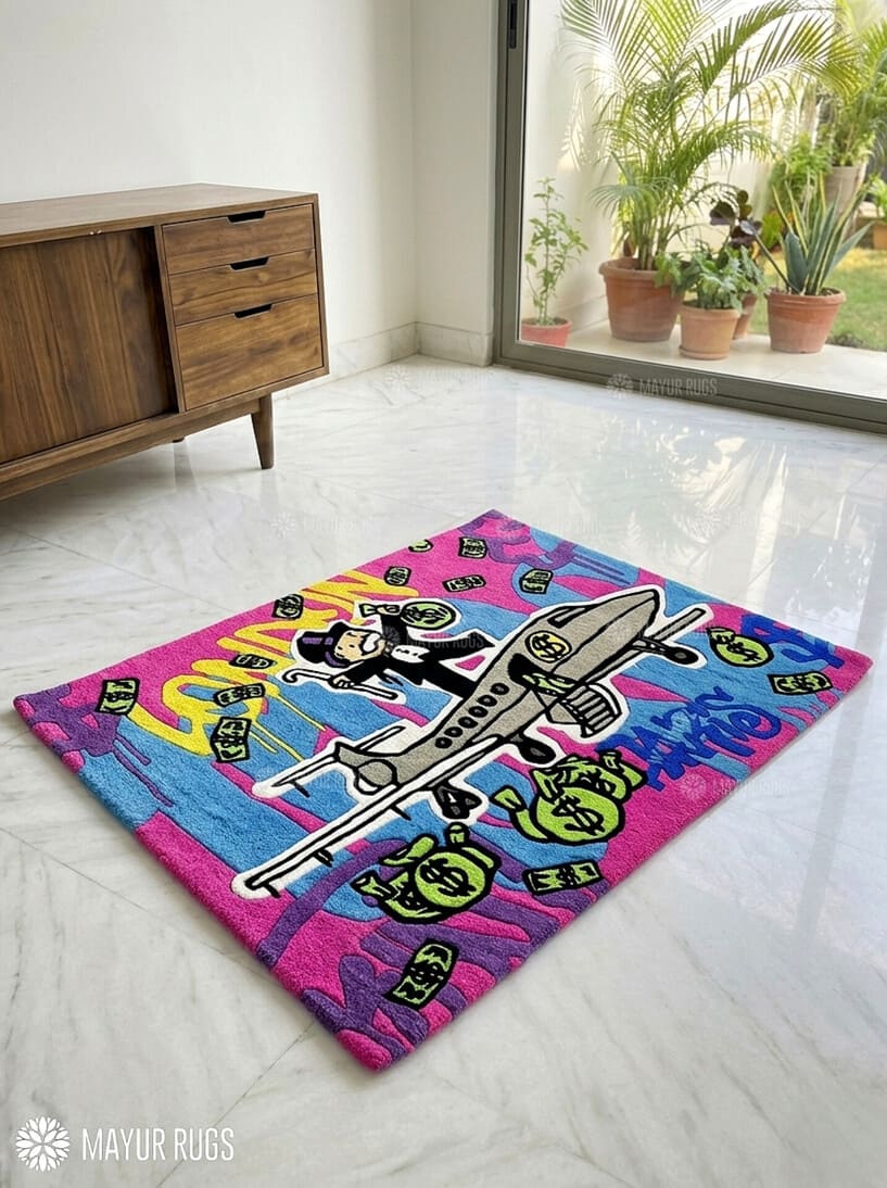Inspired Monopoly money jet hand tufted wool area rug featuring luxury pop art, private jet, and graffiti-inspired artwork by Mayur Rugs.