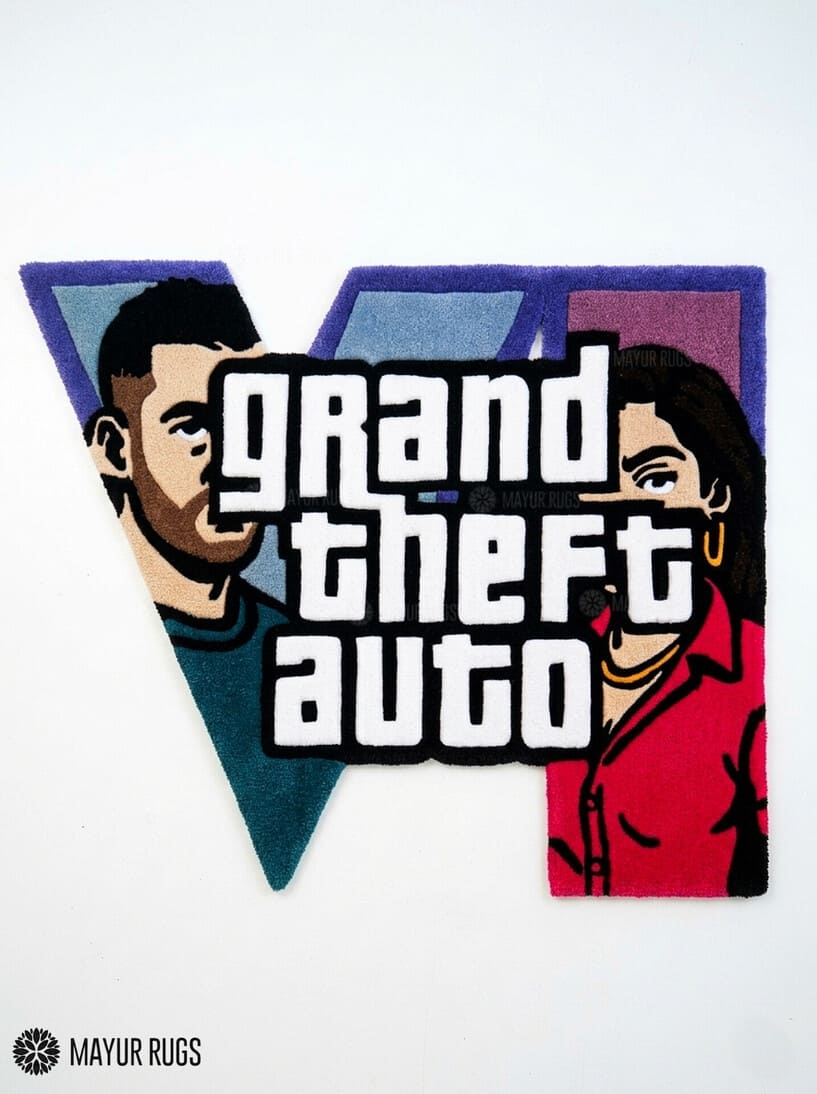 GTA VI hand tufted custom wool rug featuring fan-inspired Grand Theft Auto 6 artwork by Mayur Rugs.