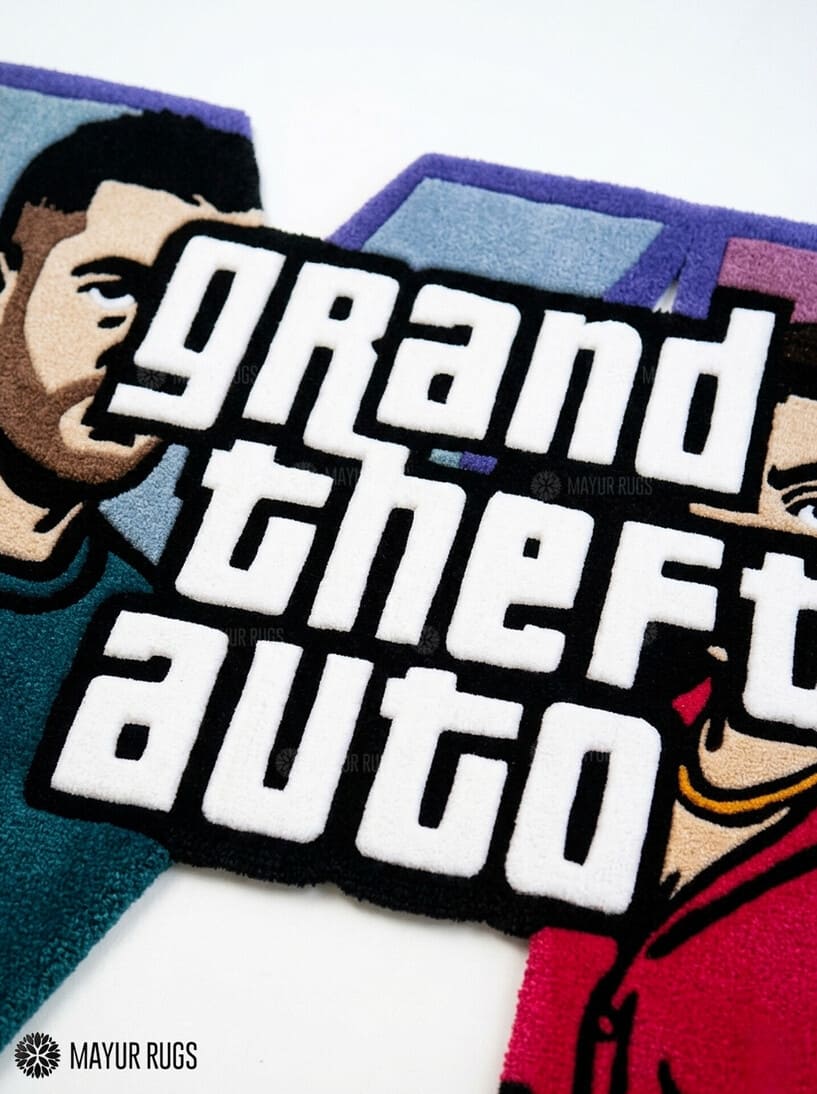 GTA VI hand tufted custom wool rug featuring fan-inspired Grand Theft Auto 6 artwork by Mayur Rugs.