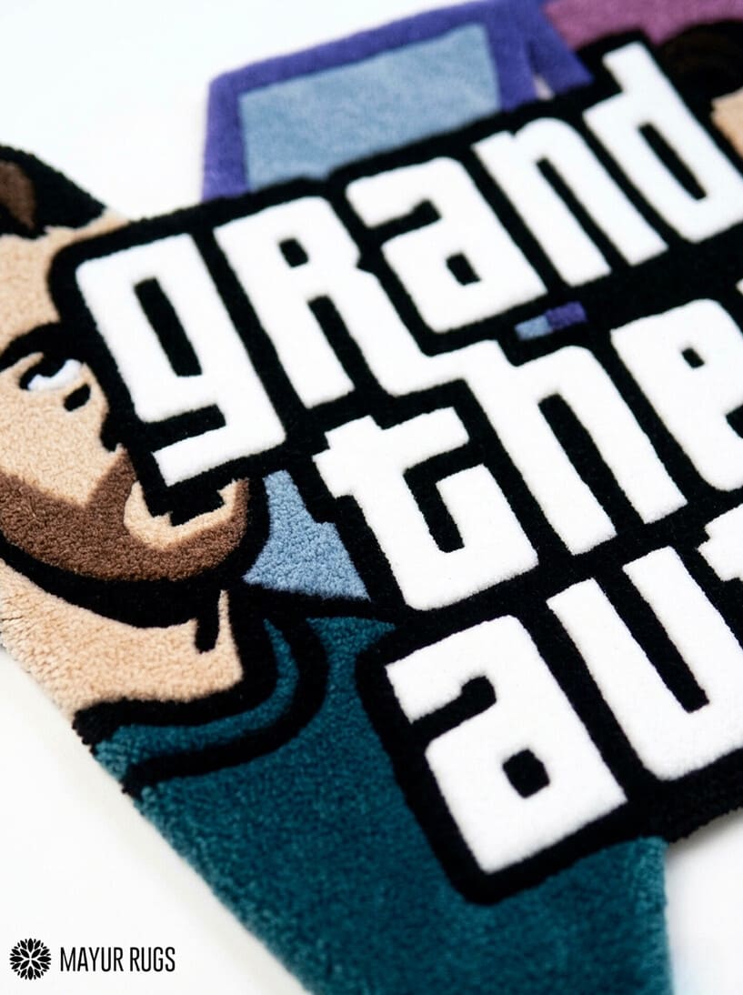 GTA VI hand tufted custom wool rug featuring fan-inspired Grand Theft Auto 6 artwork by Mayur Rugs.