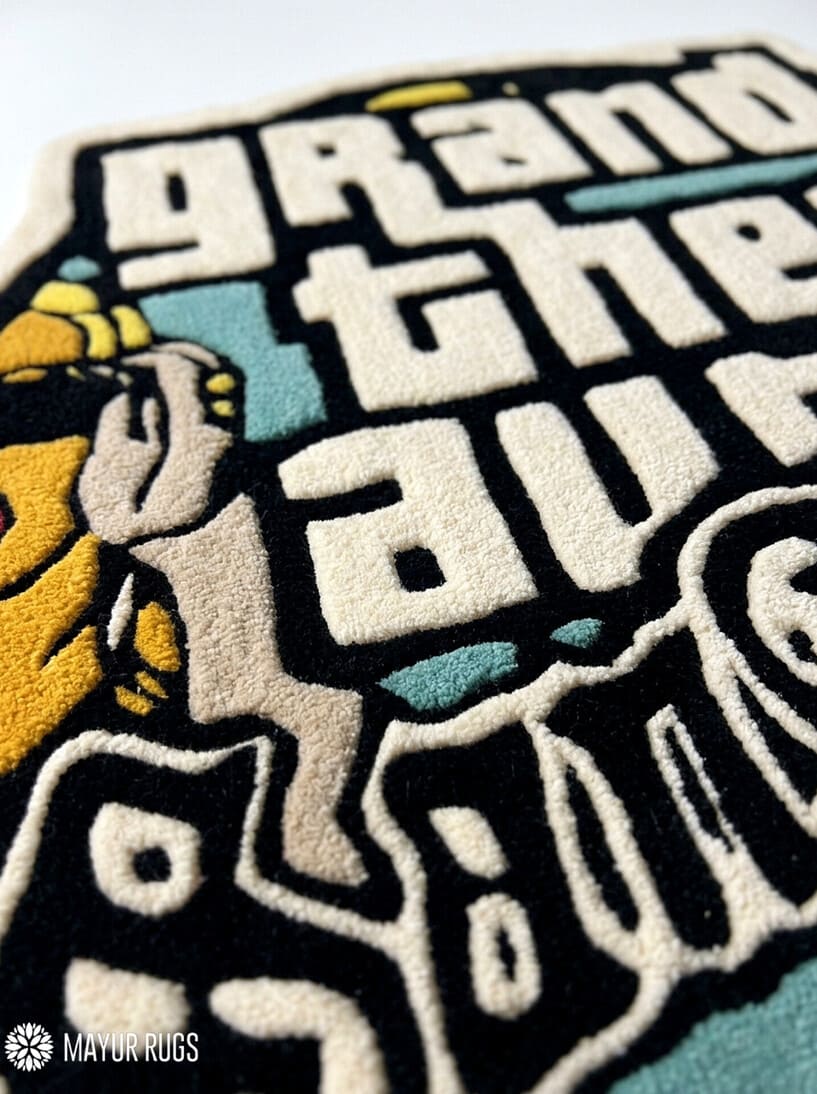 Grand Theft Auto San Andreas logo hand tufted custom wool rug featuring fan-inspired gaming artwork by Mayur Rugs.
