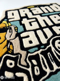 Grand Theft Auto San Andreas logo hand tufted custom wool rug featuring fan-inspired gaming artwork by Mayur Rugs.