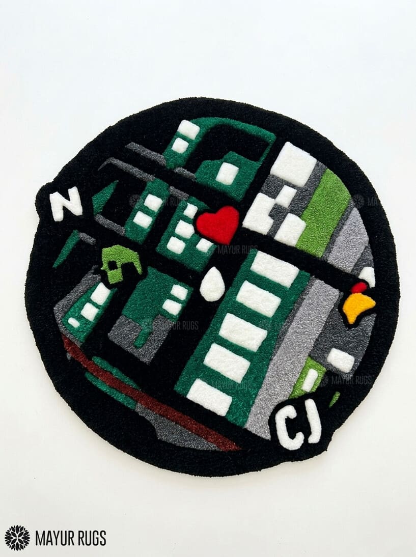 GTA map hand tufted custom wool rug featuring fan-inspired gaming map artwork by Mayur Rugs.