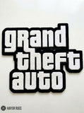 Grand Theft Auto logo hand tufted custom wool rug featuring fan-inspired gaming typography by Mayur Rugs.