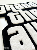 Grand Theft Auto logo hand tufted custom wool rug featuring fan-inspired gaming typography by Mayur Rugs.