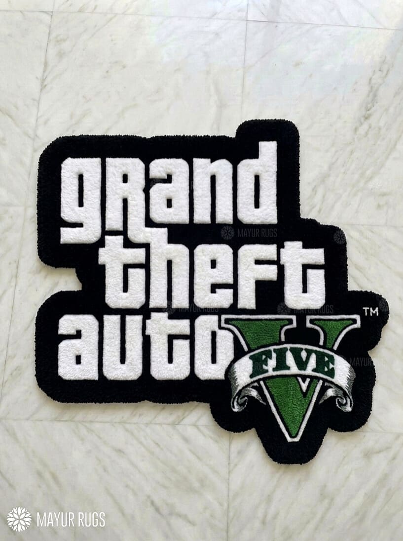 Grand Theft Auto V hand-tufted logo rug handmade in India by Mayur Rugs featuring the iconic GTA V logo for gaming room and entertainment décor.