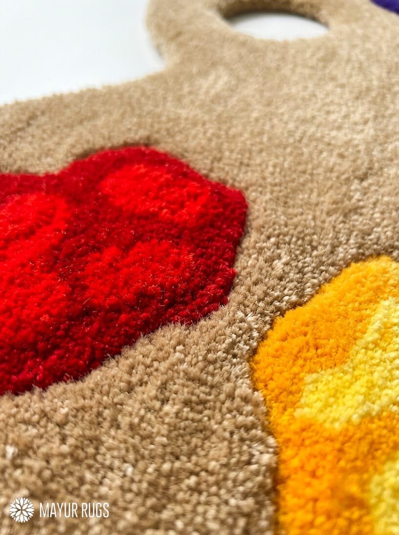 Artist paint palette hand-tufted rug handmade in India by Mayur Rugs featuring colorful paint blobs for creative studio and art room décor.