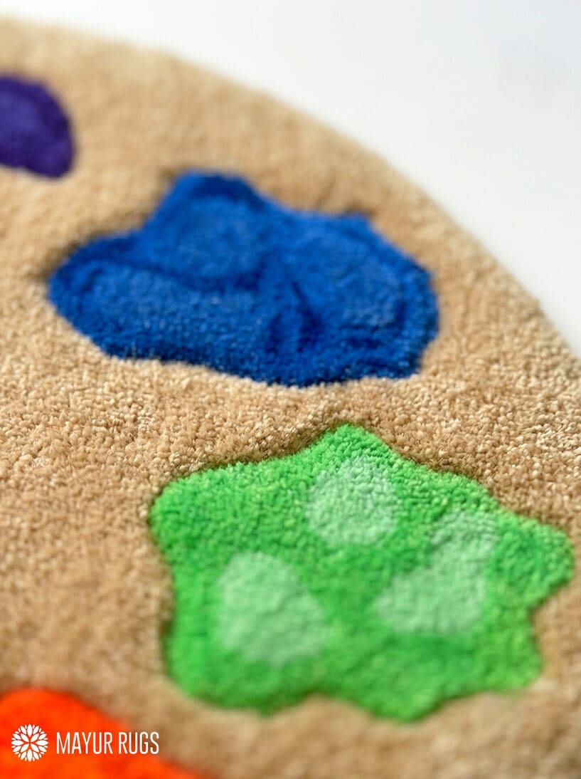 Artist paint palette hand-tufted rug handmade in India by Mayur Rugs featuring colorful paint blobs for creative studio and art room décor.