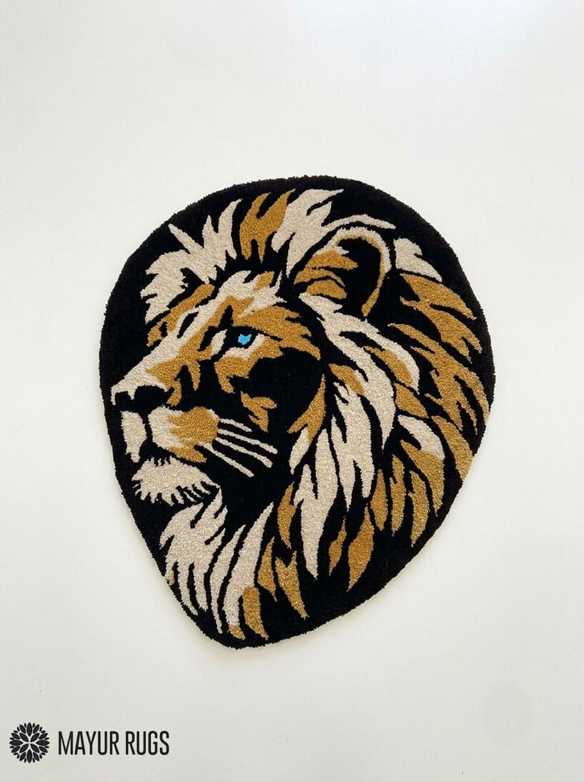 Lion head hand-tufted custom rug featuring a detailed golden, cream, and black lion portrait, handmade from premium New Zealand wool by Mayur Rugs.