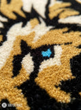 Lion head hand-tufted custom rug featuring a detailed golden, cream, and black lion portrait, handmade from premium New Zealand wool by Mayur Rugs.