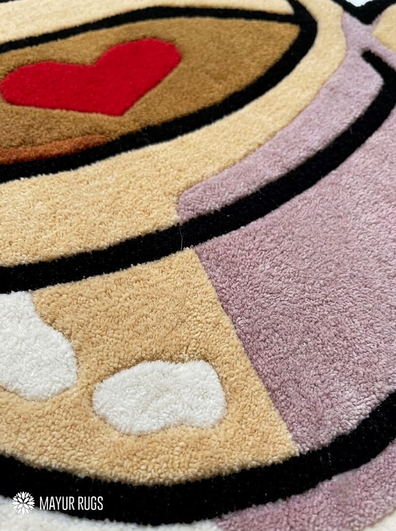 Heart coffee cup hand-tufted rug handmade in India by Mayur Rugs featuring a cozy latte art coffee mug design for café-inspired home décor.