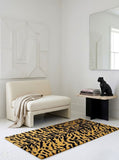Tiger print hand-tufted runner rug featuring a bold black and golden stripe pattern, handmade from premium New Zealand wool by Mayur Rugs.