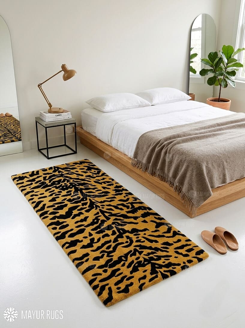 Tiger print hand-tufted runner rug featuring a bold black and golden stripe pattern, handmade from premium New Zealand wool by Mayur Rugs.