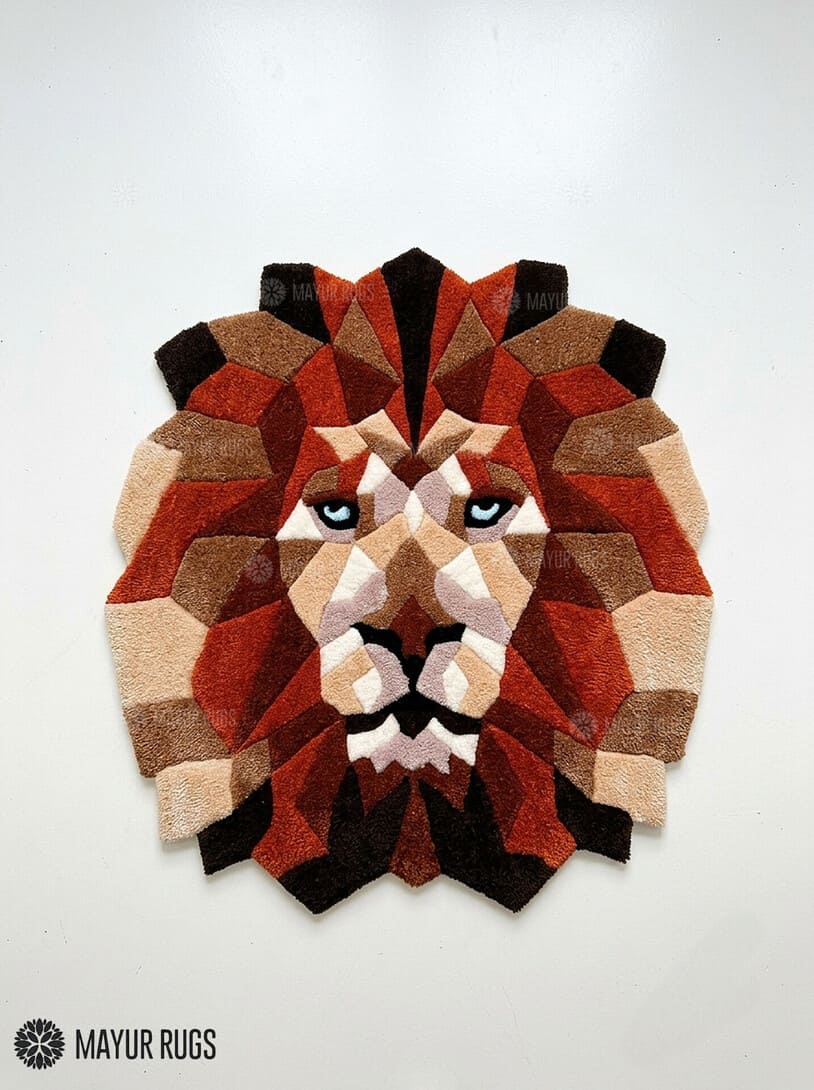 Geometric lion head hand-tufted rug handmade in India by Mayur Rugs featuring a modern low-poly wildlife design with earthy tones and premium wool craftsmanship.