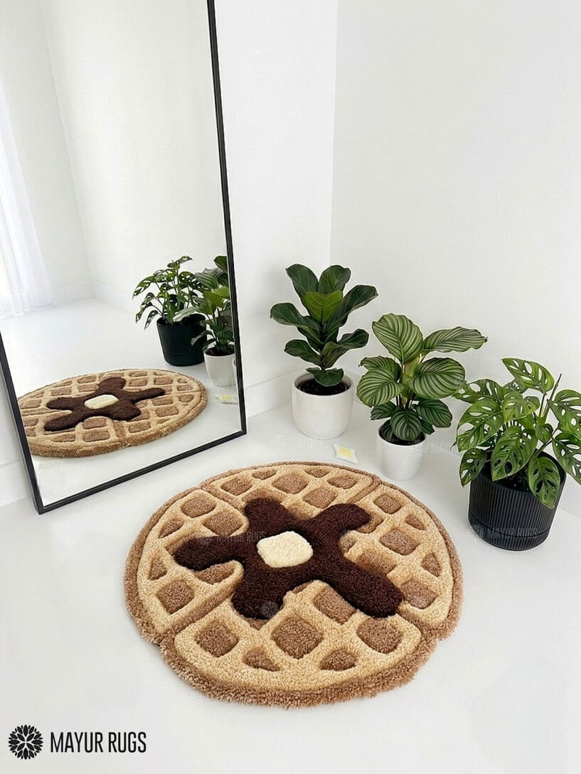 Chocolate waffle cookie hand-tufted rug handmade in India by Mayur Rugs featuring realistic waffle details with chocolate syrup and butter in a soft food-inspired design.